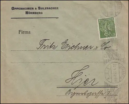 Firmenlochung O&S auf Bergarbeiter 100 Pf. EF auf Orts-Brief NÜRNBERG 22.9.22