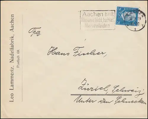 Trou de l'entreprise Leo L sur Hindenburg 25 PF comme EF sur lettre internationale AACHEN 14.1.29