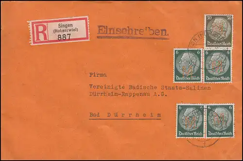 Firmenlochung M. auf Hindenburg-Marken 6+30 Pf als MiF R-Brief SINGEN 15.9.39