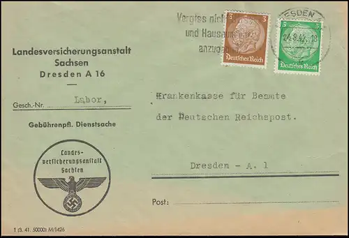 Trou de l'entreprise Symbol V.A. Marques Hindenburg 3+8 Pf MiF Lettre de ville DRESDEN 24.8.42