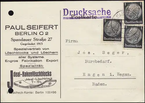 Firmenlochung Symbol V auf Hindenburg 1 Pf (1mal), MeF Drucksache BERLIN 3.9.38