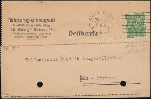 Firmenlochung FA auf Posthorn 40 Mark EF auf Postkarte CHARLOTTENBURG 20.6.23