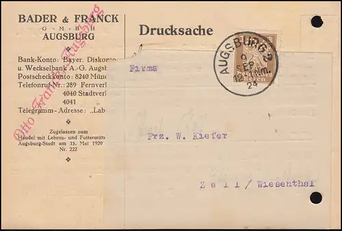 Firmenlochung B&F auf Reichsadler 3 Pf. als EF auf Drucksache AUGSBURG 9.9.24