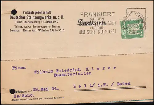 Trou de société VDS sur Reichsidler 5 Pf. comme carte postale EF CHARLOTENBURG 28.5.24