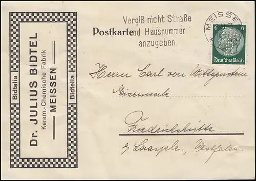 Firmenlochung Dr B auf Hindenburg 6 Pf EF auf Fern-Postkarte MEISSEN 9.10.33