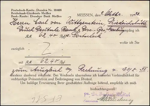 Firmenlochung Dr B auf Hindenburg 6 Pf EF auf Fern-Postkarte MEISSEN 9.10.33