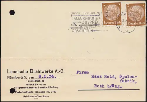 Firmenlochung LW auf Hindenburg-Marken 3 Pf MeF Fern-Postkarte NÜRNBERG 8.5.34
