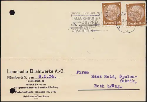 Trou de société LW sur les marques Hindenburg 3 Pf MeF Carte postale longue distance NÜRNBERG 8.5.34