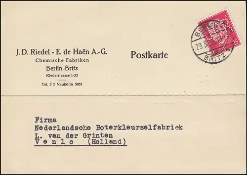 Firmenlochung J.D.R. auf Hindenburg 15 Pf EF Auslands-Karte BERLIN-BRITZ 29.3.33