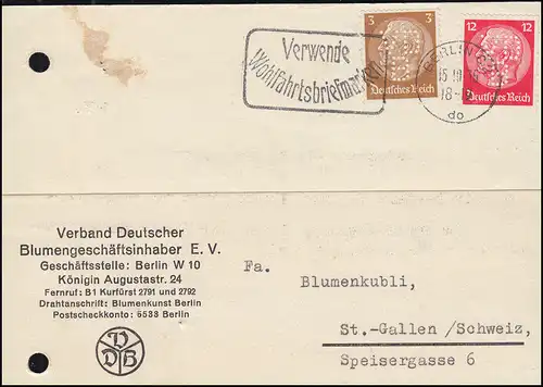 Trou de société VDB sur les marques Hindenburg 3+12 pf. MiF Carte postale BERLIN 15.10.35