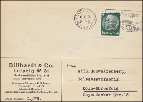 Firmenlochung B auf Hindenburg 6 Pf als EF auf Fern-Postkarte LEIPZIG 6.8.34
