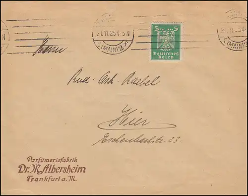 Firmenlochung DRA auf Reichsadler 5 Pf. EF auf Ortsbrief FRANKFURT/MAIN 21.11.25