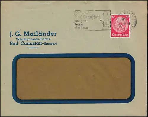 Trou de l'entreprise JGM Hindenburg 12 pf. comme lettre EF STUTTGART-BAD CANSTATT 29.5.32