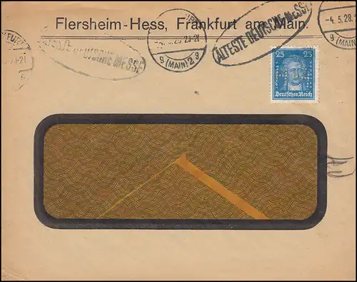 Firmenlochung F.H. seitenverkehrt auf Goethe 25 Pf EF auf Brief FRANKFURT 4.5.28