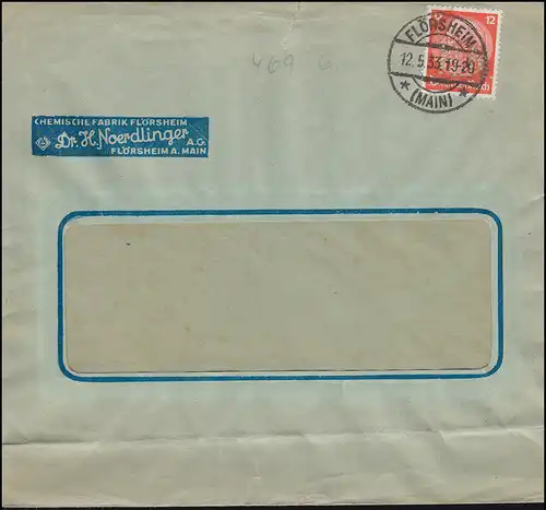 Trou de l'entreprise H.N. sur Hindenburg 12 Pf en tant qu'EF sur lettre FLORSHEIM/MAIN 12.5.33
