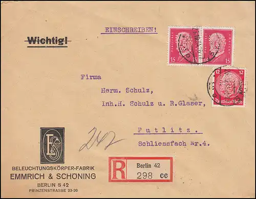 Firmenlochung E&S auf Hindenburg-Marken als MiF auf R-Brief BERLIN 26.10.34