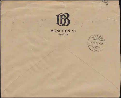 Firmenlochung DB auf Reichsadler 10 Pf. als MeF auf Brief MÜNCHEN 21.11.24 