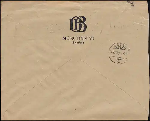 Trou de l'entreprise DB sur Reichsadler 10 Pf. comme MeF sur lettre MUNICH 21.11.24