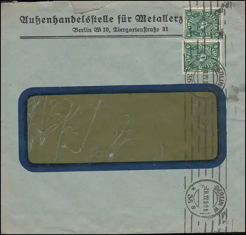 Firmenlochung AME auf Posthorn 4 Mark als MeF auf Brief BERLIN 7.11.22