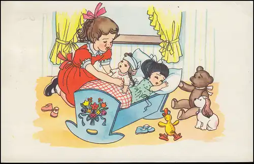 Firmenlochung/Perfin K auf 471 Ziffer AK Kind pflegt krankes Kind AMSTERDAM 1962