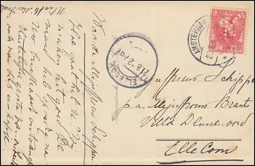 Perforation/Perfin K sur Wilhelmina 3 Cent AK Centralstation AMSTERDAM 20.8.12