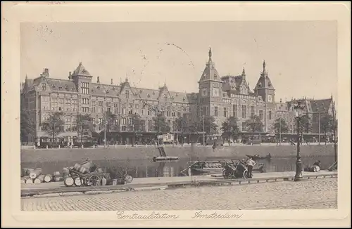 Firmenlochung/Perfin K auf Wilhelmina 3 Cent AK Centralstation AMSTERDAM 20.8.12