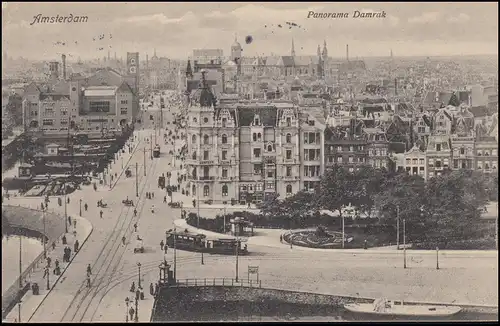 Firmenlochung/Perfin K auf 50 Ziffer 1 Cent Ansichtskarte Panorama von Amsterdam