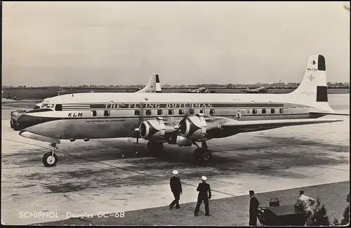 Firmenlochung/Perfin K auf 471 Ziffer auf AK Flugzeug DC-6B, AMSTERDAM 14.7.59