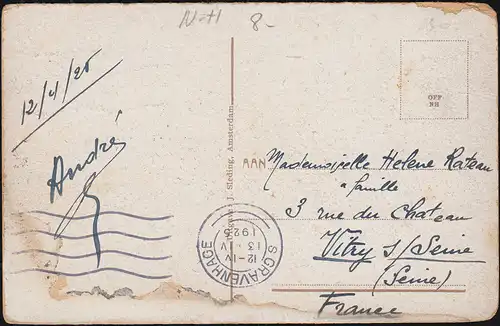 Firmenlochung/Perfin K auf 151 Wilhelmina AK Montelbaan-Turm, S'GRAVENHAGE 1925