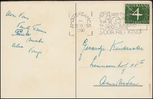 Firmenlochung/Perfin K auf Ziffer 4 Cent auf AK Geburtstag, AMSTERDAM 22.11.60