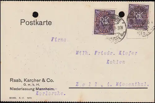 Firmenlochung RK auf Posthorn 20 Mark als MeF auf Postkarte KARLSRUHE 21.3.23