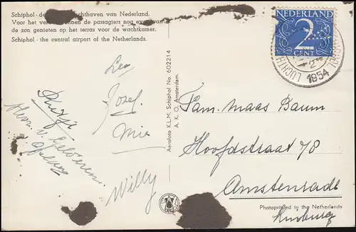 Firmenlochung/Perfin K auf 469 Ziffer auf AK KLM, LUCHTHAVEN SCHIPHOL 18.4.54