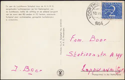 Firmenlochung/Perfin K auf 469 Ziffer auf KLM-AK Flugziele VOORTHUIZEN 10.7.54