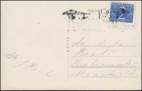 Firmenlochung/Perfin K auf 469 Ziffer auf AK Amsterdam Postamt HILVERSUM 19.3.47