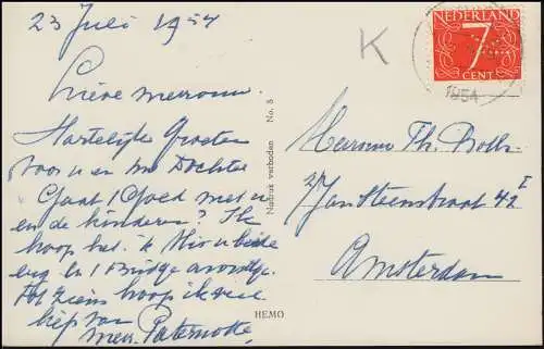 Trou de l'entreprise/Perfin K à 614 chiffres sur AK Sur la plage, ZANDERVOORT 23.7.54