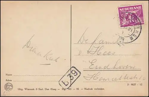 Trou de l'entreprise/Perfin S sur 173 pigeons sur AK Salle de chevaliers S'GRAVENHAGE 18.7.29