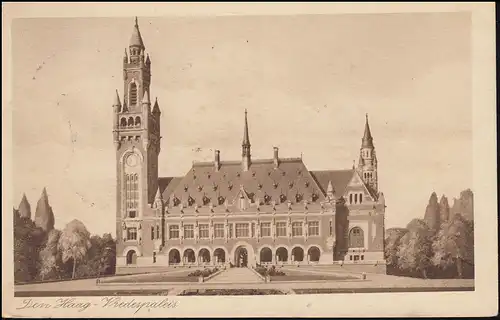 Firmenlochung/Perfin S auf 173 Taube auf AK Friedenspalast, SCHEVENINGEN 1.9.30