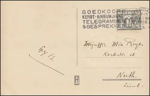 Firmenlochung/Perfin K auf 281 Taube auf AK Postamt AMSTERDAM 14.12.36