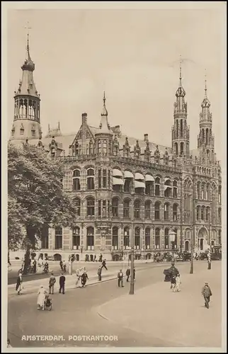 Firmenlochung/Perfin K auf 281 Taube auf AK Postamt AMSTERDAM 14.12.36