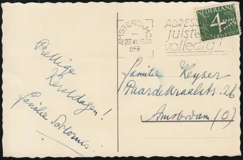 Trou de l'entreprise/Perfin K à 471 chiffres sur AK Noël, AMSTERDAM 23.12.58