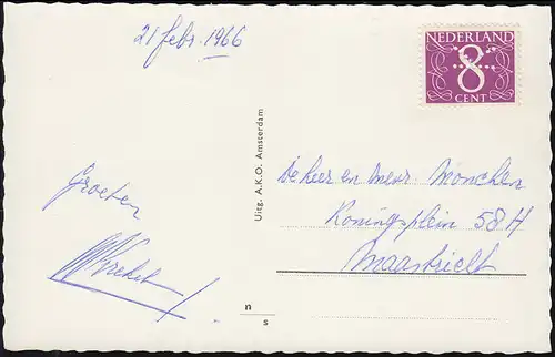 Firmenlochung/Perfin K auf 691 Ziffer 8 Cent auf AK Hafen von Aalsmeer, 1966
