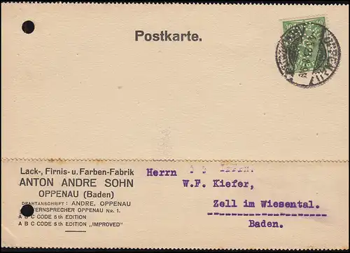 Firmenlochung ASO auf 232 Posthorn als EF auf Postkarte OPPENAU (BADEN) 4.5.23