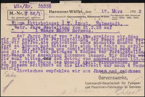 Firmenlochung GW auf Posthorn-Mischfrankatur Postkarte HANNOVER-WÜLFEL 17.3.23