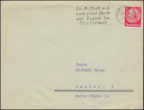 Firmenlochung SEL auf Hindenburg 12 Pf. EF auf Brief AUE (SACHSEN) 10.2.34