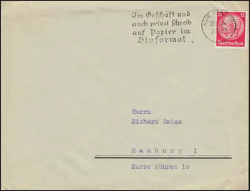 Trousse d'entreprise SEL sur Hindenburg 12 p. EF sur lettre AUE (Sachsen) 10.2.34