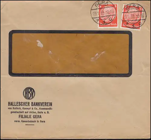 Firmenlochung B auf Hindenburg 8 Pf. MeF auf Orts-Brief GERA 29.1.38
