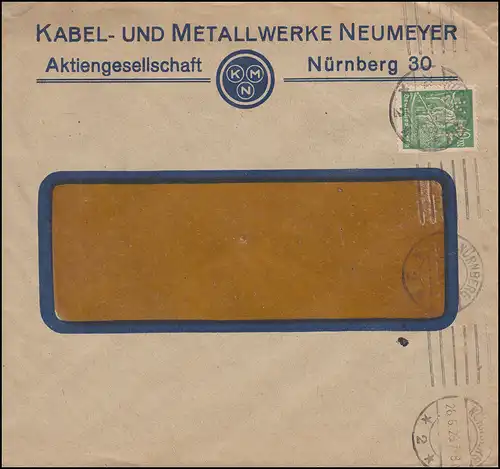 Trou de société KMN sur la marque Schneider 40 Mark comme EF sur lettre NÜRNBERG 28.6.23