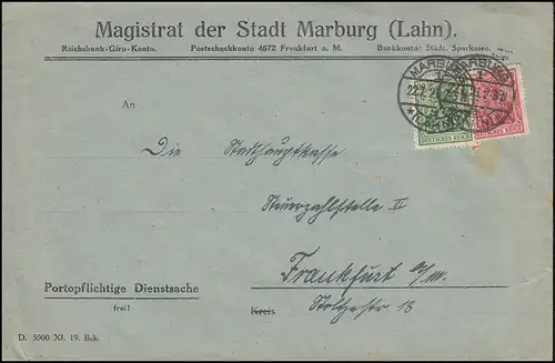 Firmenlochung M in Herzform auf Germania-Marken 20+40 Pf. Brief MARBURG 22.1.21