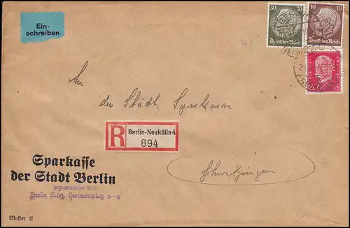 Firmenlochung MB auf Hindenburg-Marken als R-Brief BERLIN-NEUKÖLLN 28.9.33