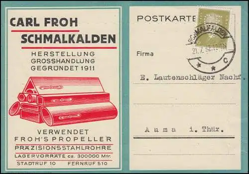 Firmenlochung CFS auf 465 Ebert 6 Pf. EF auf Postkarte SCHMALKALDEN 21.7.32